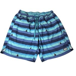 SAXX Oh Buoy 2N1 Volley 7" Stretch Swim Trunks Blue Stripes Men's Size Large